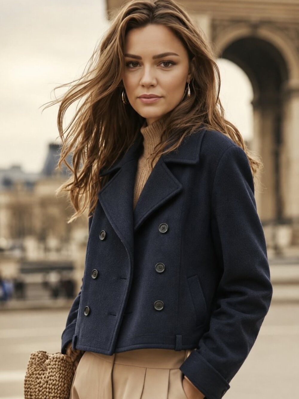 Cashmere/wool blend classic pea coat, cropped